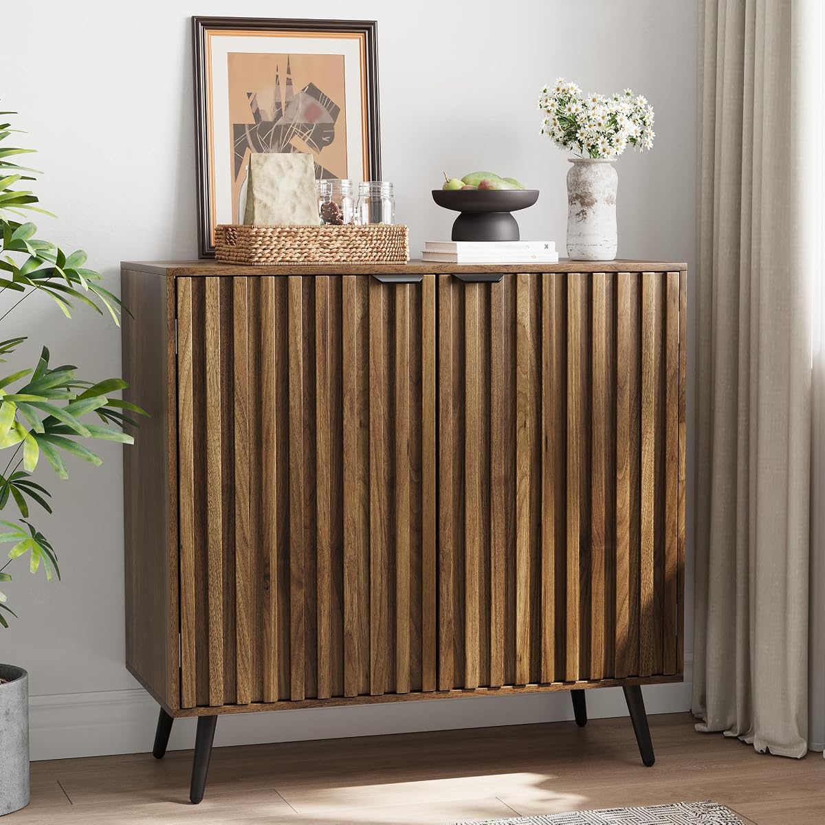 Walnut Buffet Cabinet with Storage, Sideboard Cabinet with Fluted Doors and Metal Legs, Storage Cabinet with Adjustable Shelf, Accent Table for Living Room, Dining Room, Kitchen, Entryway