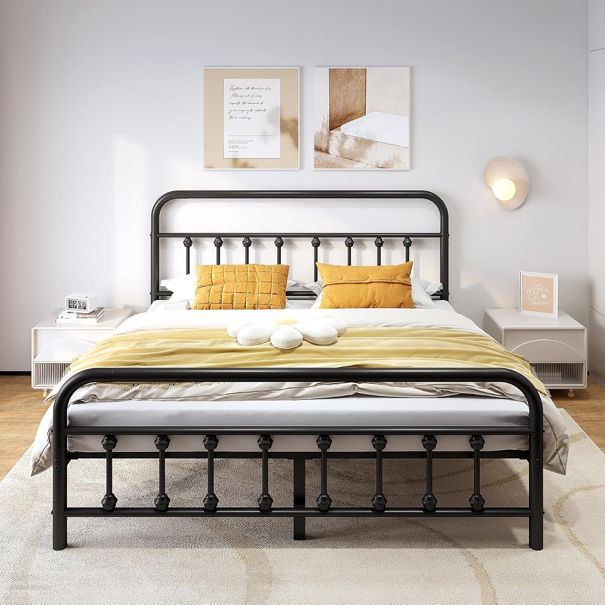 Full Metal Bed Frame with Victorian Headboard & Footboard, Black