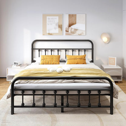 Full Metal Bed Frame with Victorian Headboard & Footboard, Black
