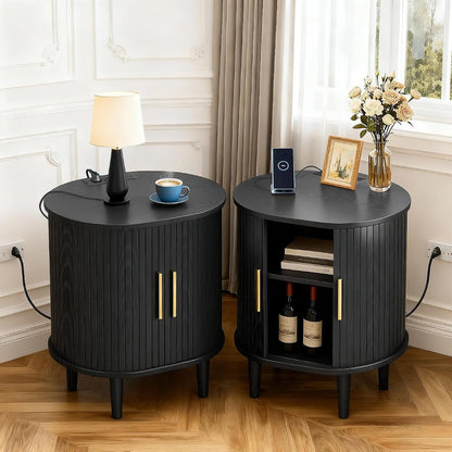 Mid Century Modern Nightstand Set of 2 with Charging Station, Fluted Accent Side Table with Sliding Door & Adjustable Shelf, End Table for Small Space, Living Room, Bedroom,Sofa Couch, Black