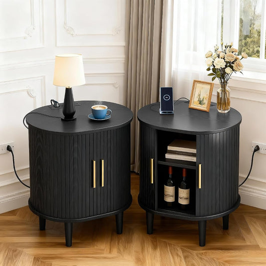 Black fluted mid century nightstand set of two with charging station