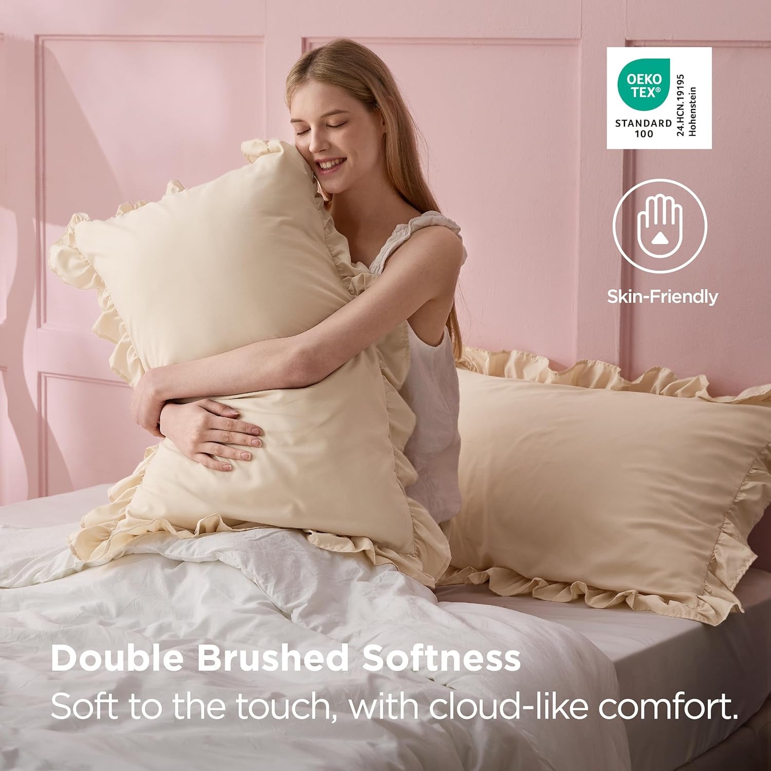 Bedsure Ruffle Pillow Cases, Pillow Shams King Size Set of 2, Double Brushed Microfiber, Decorative Ruffled Pillow Covers with Envelope Closure, Wrinkle Fade Resistant, 20" X 36", Beige