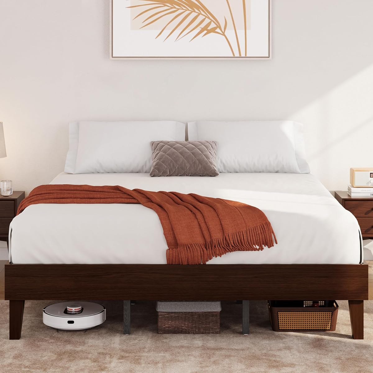 Yaheetech King Size Solid Wood Platform Bed Frame Low-Profile Dark Walnut