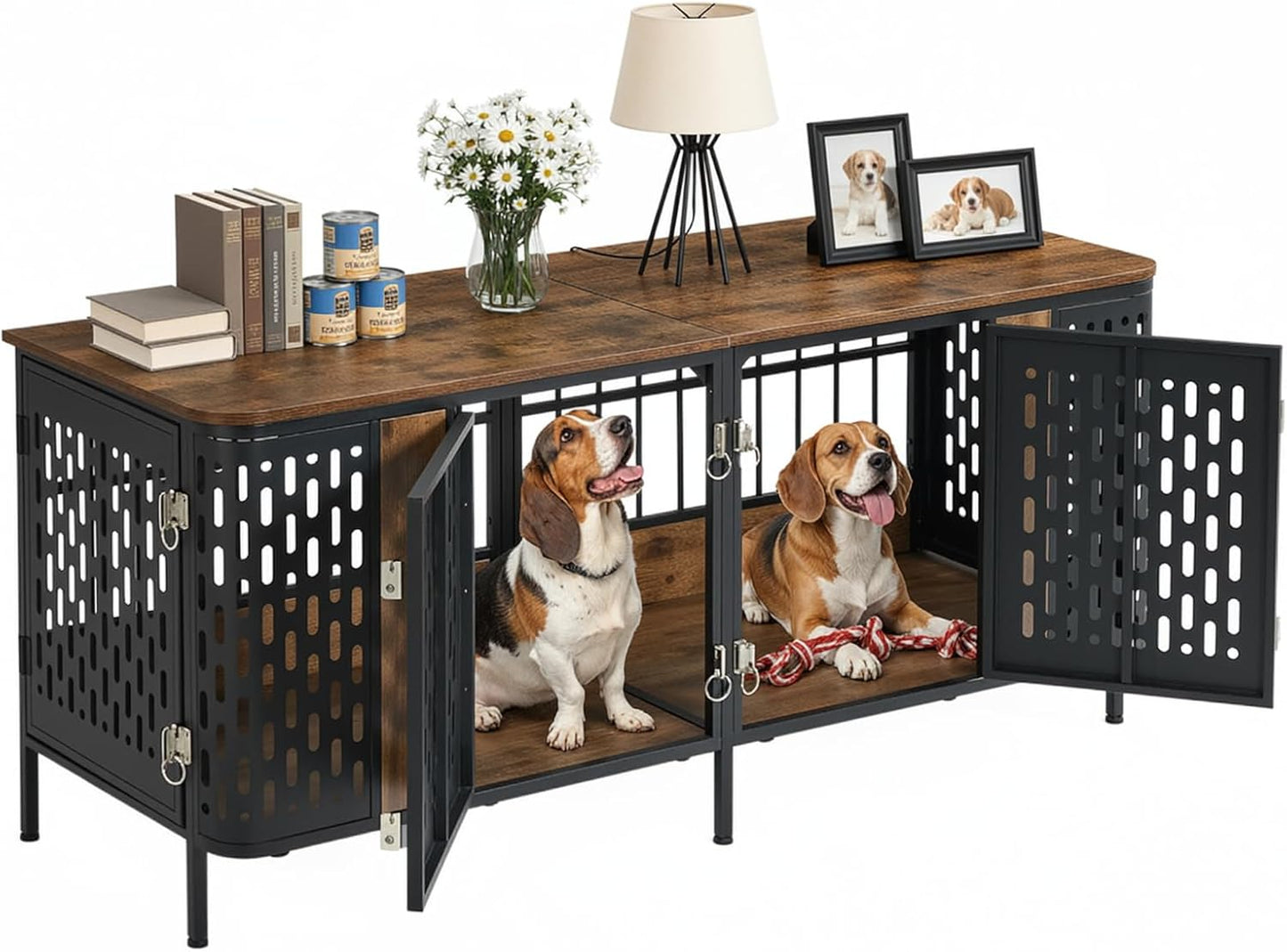 63" Double Dog Crate Furniture for 2 Dogs, Heavy Duty Dog Crates with Divider for High Anxiety Dog, Escape Proof Pet Cage, Dog Kennel Furniture Indoor as TV Stand for Medium Large Dogs,Brown