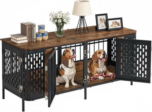 63" Double Dog Crate Furniture for 2 Dogs, Heavy Duty Dog Crates with Divider for High Anxiety Dog, Escape Proof Pet Cage, Dog Kennel Furniture Indoor as TV Stand for Medium Large Dogs,Brown