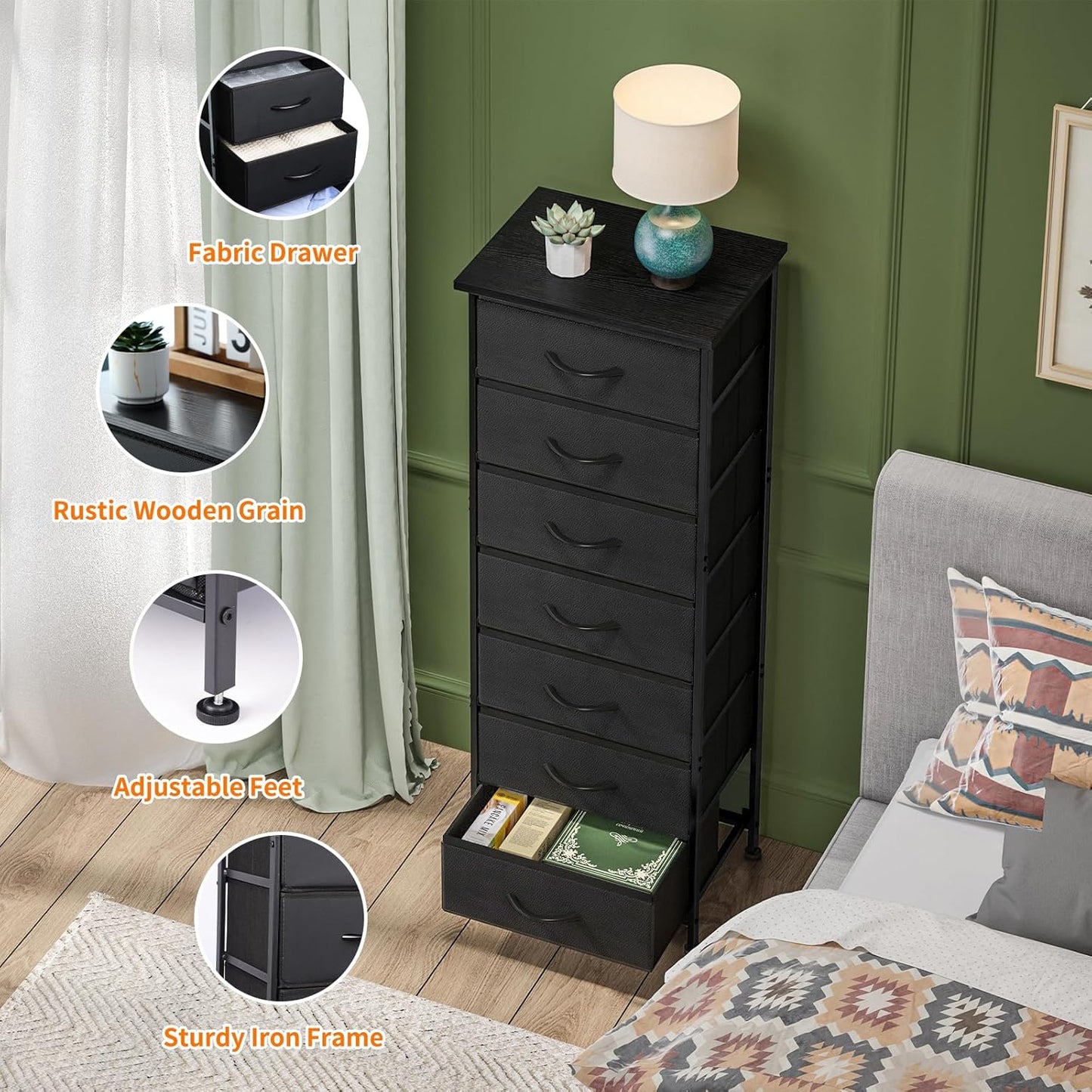 Black Tall Dresser for Bedroom, Storage Dresser Organizer with 7 Fabric Drawers, Nightstand Furniture in Closet, Entryway, Hallway