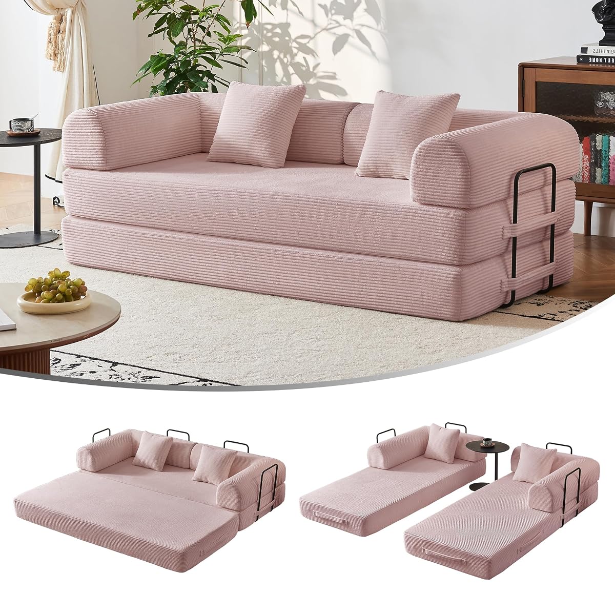 79" 5-in-1 Convertible Sofa Bed No Assembly, Boneless Couch Bed with High Density Foam, Foldable Sleeper Sofa, Corduroy Modular Couch for Apartment, Studio, Dorm Room, Small Space,Pink