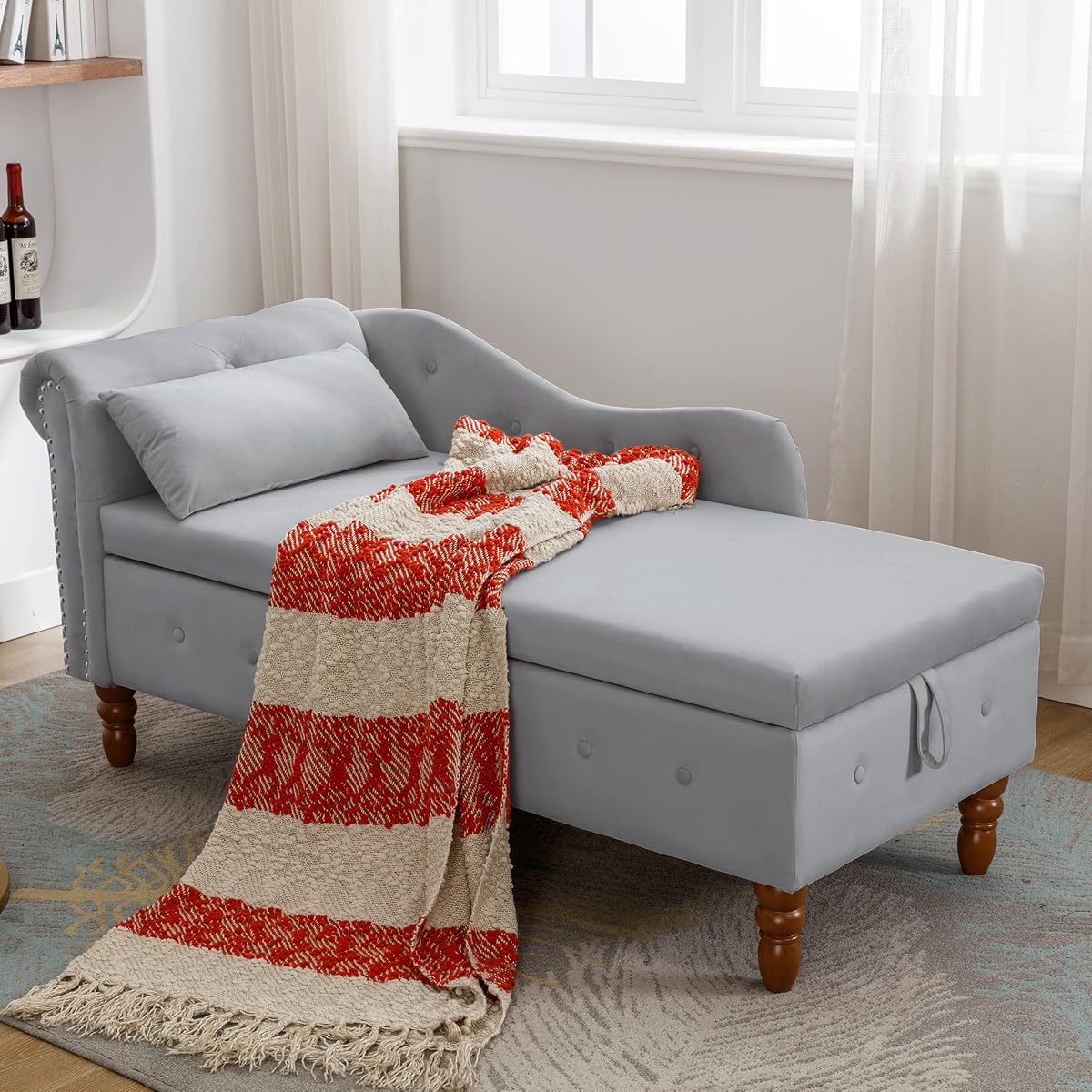 Majnesvon Velvet Chaise Lounge with Storage, Classic Style with Pillow