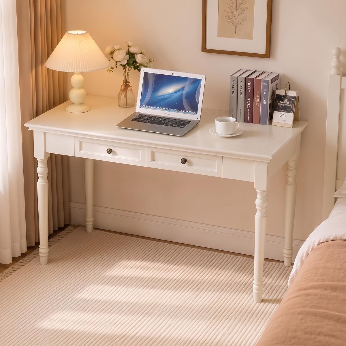 White Writing Desks with Drawers, 47" French Country Style