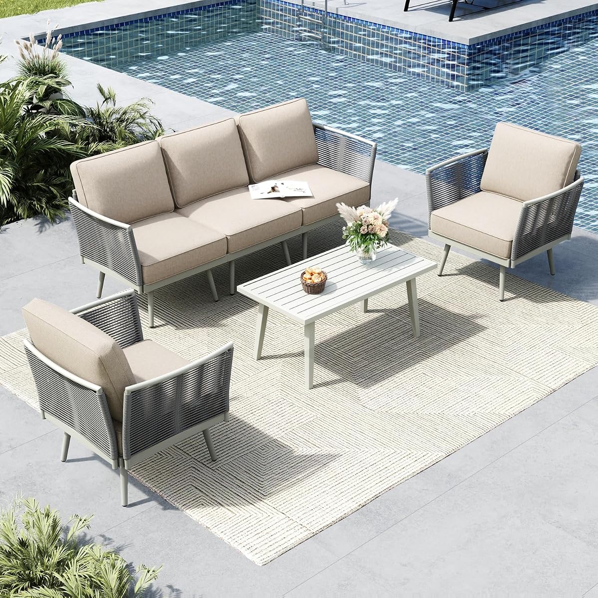 6 Pieces Metal Patio Furniture Sets with Detachable Rope Rattan Armrest, 5 Seats Steel Outdoor Conversation Set All Weather Patio Sectional Couch with Coffee Table for Garden, Beige Cushion