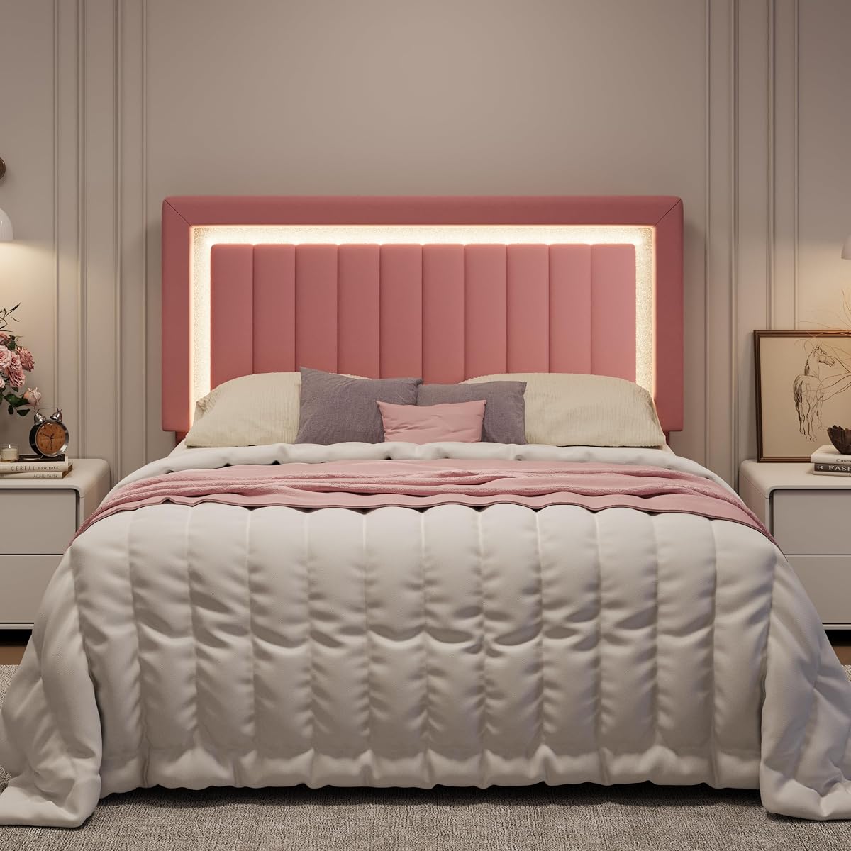 Queen Size Velvet Bed Frame with LED Light, Pink