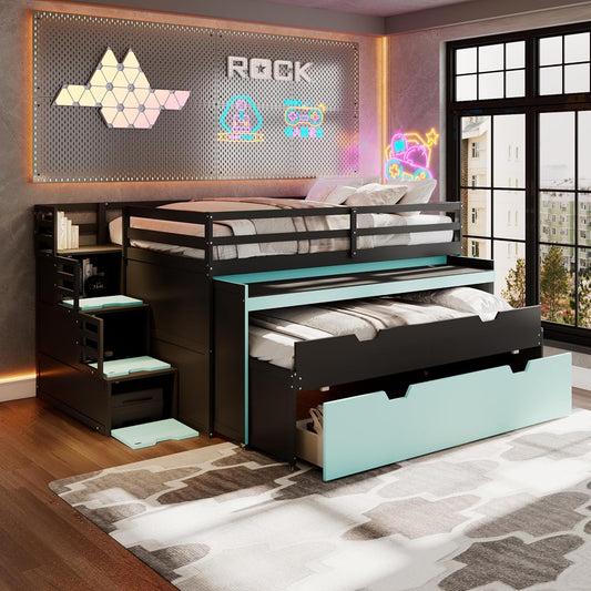 Full XL Loft Bed with Pull-Out Desk and Twin Trundle, 2 Storage Drawers and Storage Steps, Space-Saving Gaming & Workstation Bed Frame with Safety Guardrails for Kids Teens (Black+Blue/Full XL,80)