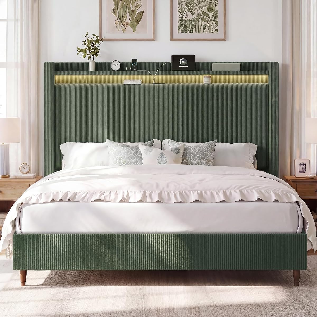 Queen Size Bed Frame with 55.3" Tall Headboard, Corduroy Upholstered,Green
