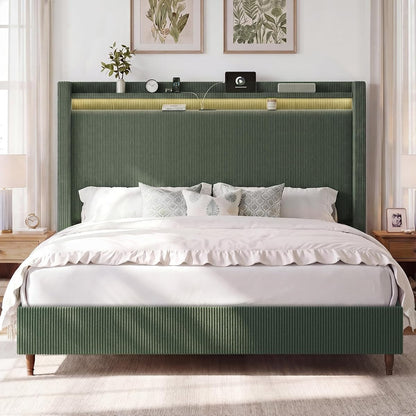 Queen Size Bed Frame with 55.3" Tall Headboard, Corduroy Upholstered,Green