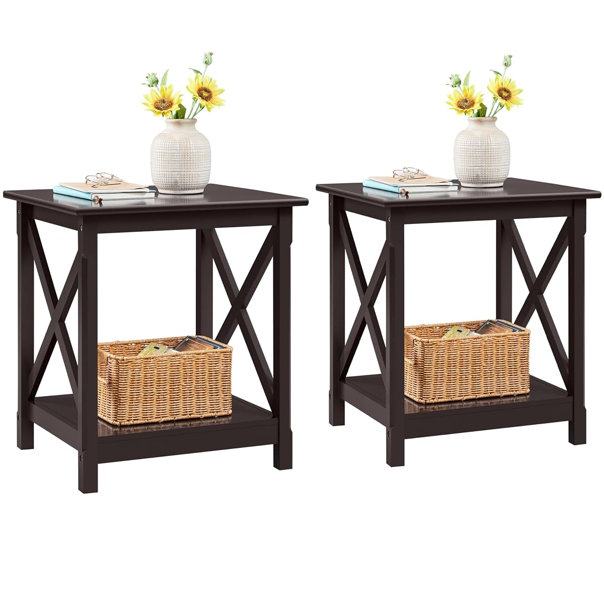 Yaheetech X-Design End Tables Set of 2, Sofa Side Table with Storage Shelf, 2 Tier Side Stand Small Table for Living Room Sofa Study, Easy Assembly, Dark Coffee