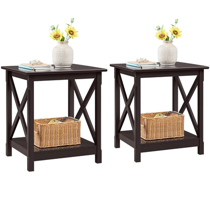 Yaheetech X-Design End Tables Set of 2, Sofa Side Table with Storage Shelf, 2 Tier Side Stand Small Table for Living Room Sofa Study, Easy Assembly, Dark Coffee