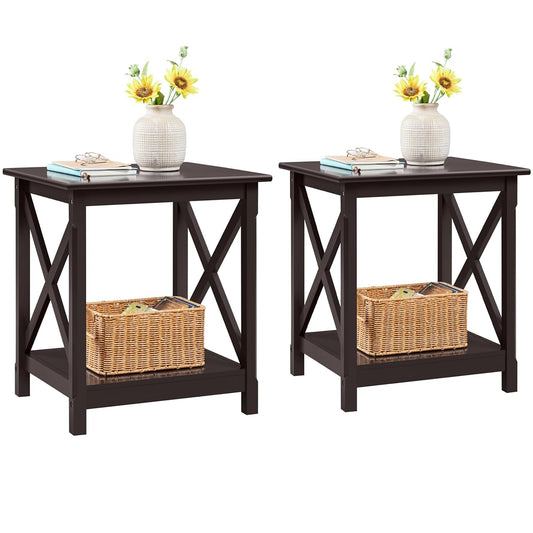 Yaheetech X-Design End Tables Set of 2, Sofa Side Table with Storage Shelf, 2 Tier Side Stand Small Table for Living Room Sofa Study, Easy Assembly, Dark Coffee