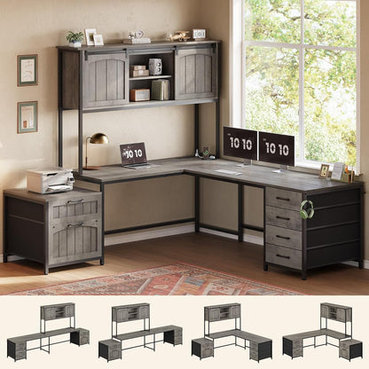 Farmhouse L Shaped Office Desk with 6 Drawer, Reversible Computer Desk with Power Outlet, Hutch for Home Office/Two Person, Corner Desk with File Drawer & Printer Storage Shelves, Grey