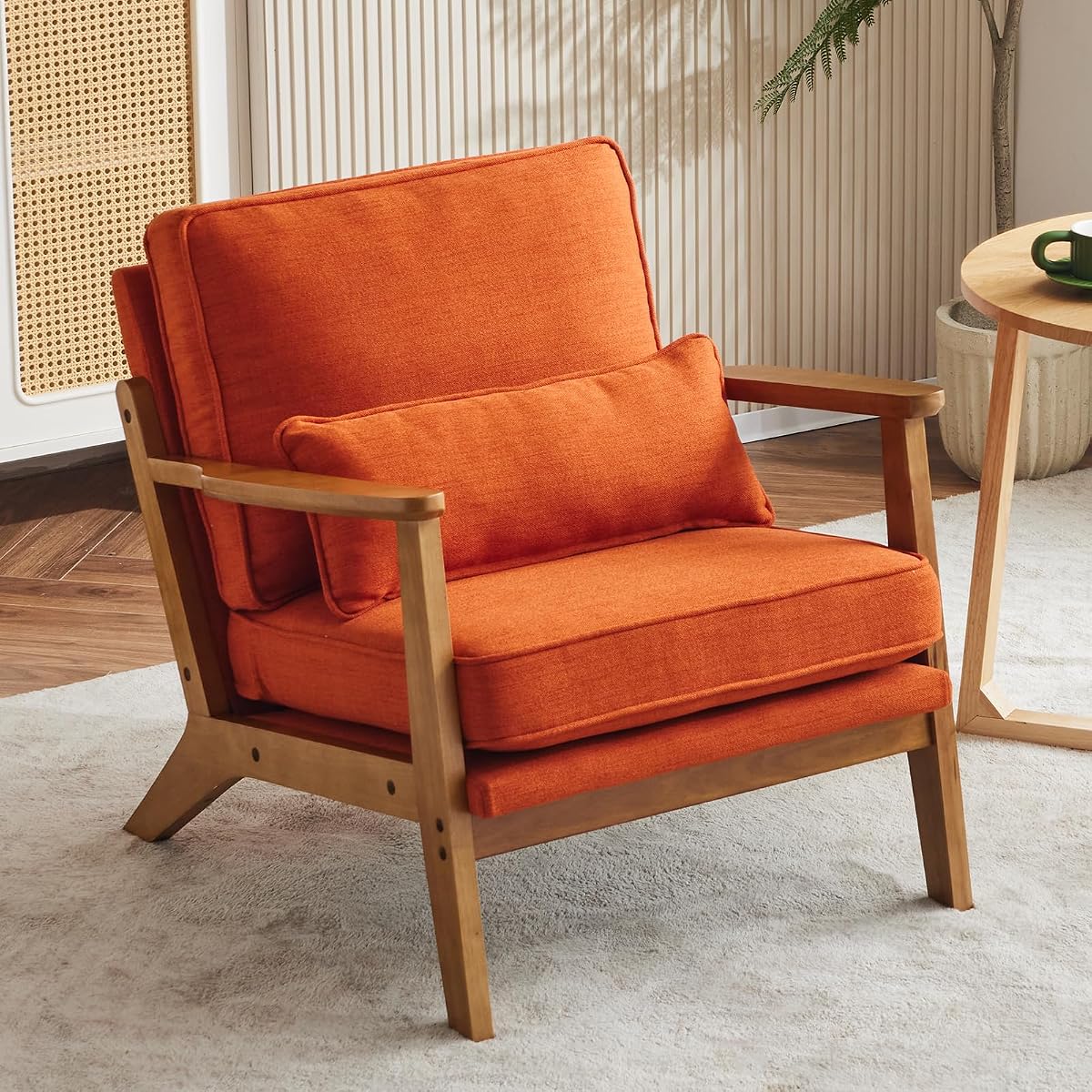 Mid-Century Lounge Accent Chair, Burnt Orange | Wide Curved Armrest, Linen Fabric, Lumbar Pillow Included, Solid Wood Frame, For Living Room, Bedroom, Balcony, Apartment