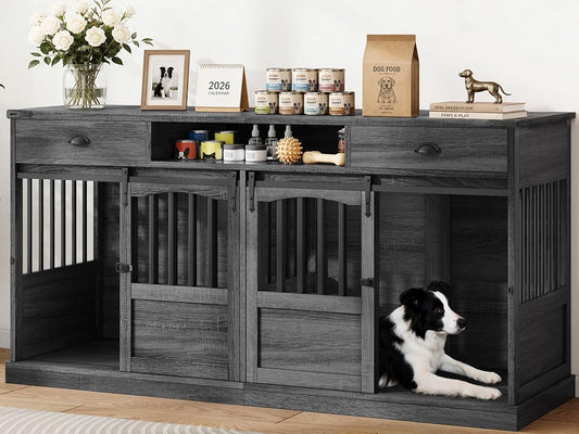 72" Double Dog Crate Furniture with Charging Station, Extra Large