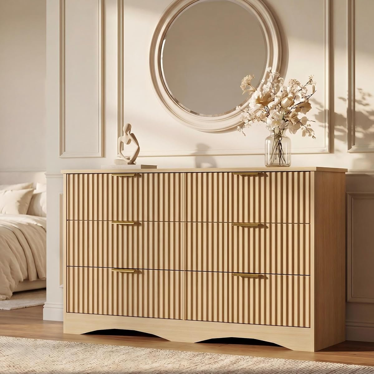 Dresser for Bedroom, 47.2" Fluted Wood Chest of Drawers, Natural