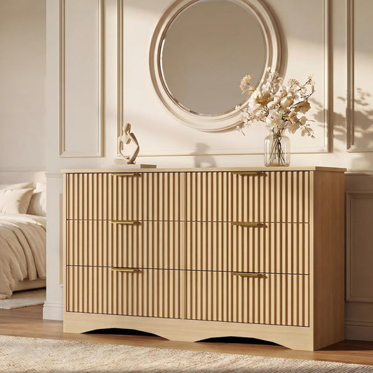 Dresser for Bedroom, 47.2" Fluted Wood Chest of Drawers, Natural