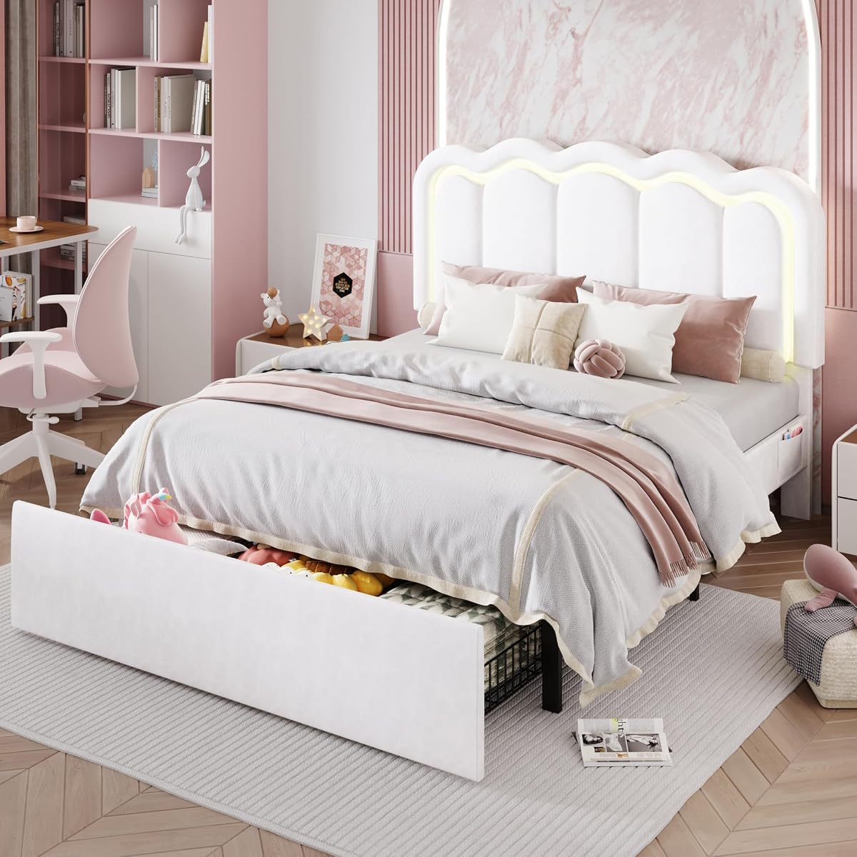 Queen Size Bed Frame with LED Lights and Storage Drawer, White