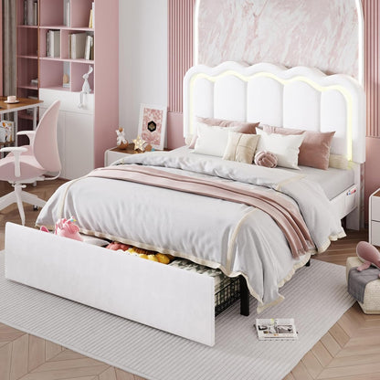 Queen Size Bed Frame with LED Lights and Storage Drawer, White