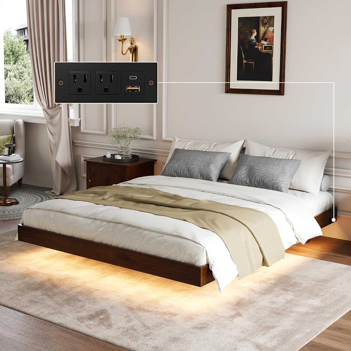 Floating Solid Wood Queen Bed Frame with Motion Sensor LED Light & Charging