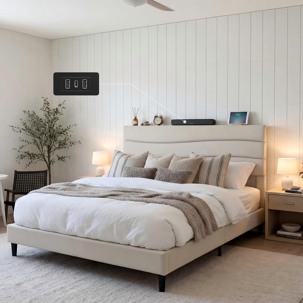 Queen Size Bed Frame with Upholstered Headboard & Charging Station