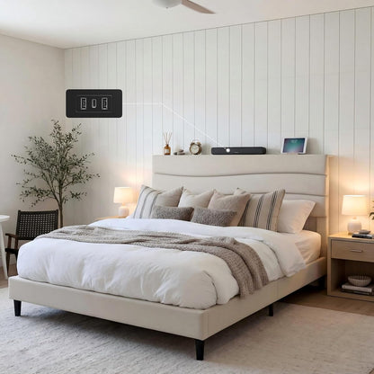 Queen Size Bed Frame with Upholstered Headboard & Charging Station