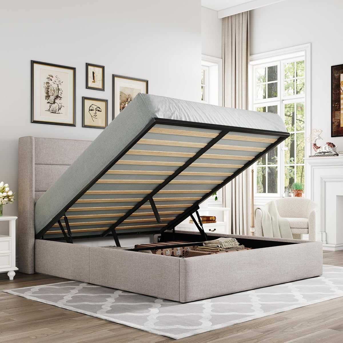 Full Size Lift Up Hydraulic Storage Bed Frame Light Beige