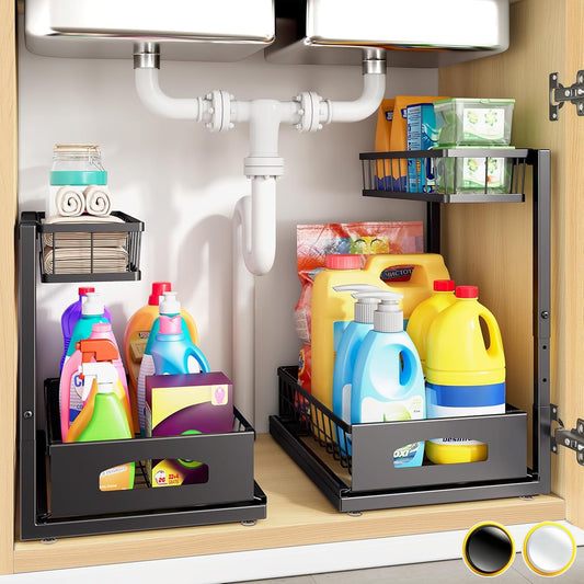 Under Sink Organizer, 2 Pack Cabinet Organizer for Kitchen, Height Adjustable Pull Out Heavy Duty 2 Tier Metal Under Sink Storage for Bathroom Pantry (Black, 2 Pack)
