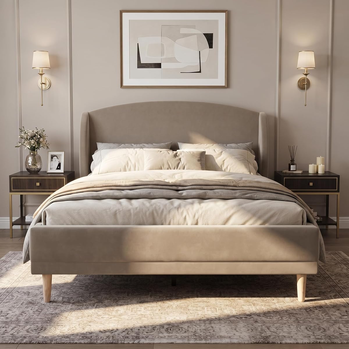 Queen Upholstered Bed Frame with Wingback Headboard, Taupe