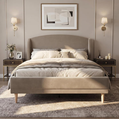 Queen Upholstered Bed Frame with Wingback Headboard, Taupe