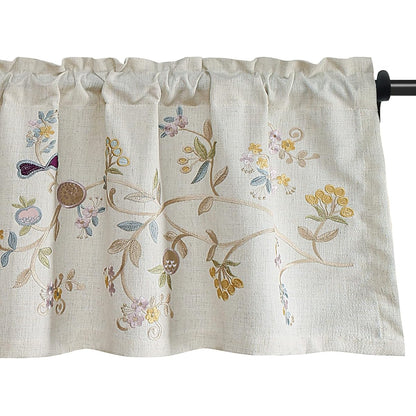Floral Embroidered Pattern Kitchen Valances for Windows, Linen Rod Pocket Curtains Valance for Living Room, 52 Inch Wide by 18 Inch Long, One Panel