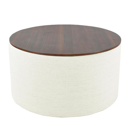 Modern Fabric Storage Ottoman with Wood Top - Stain-Resistant Cream Woven 30 x 30 inch