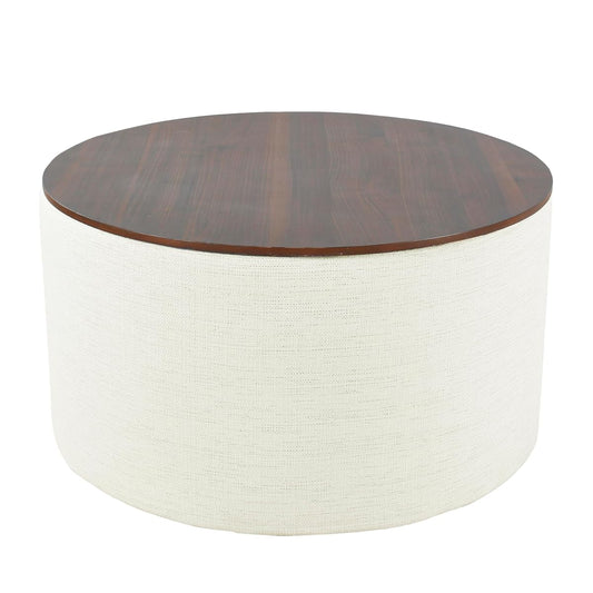 Modern Fabric Storage Ottoman with Wood Top - Stain-Resistant Cream Woven 30 x 30 inch