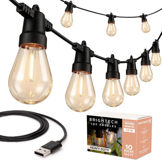 Ambience Pro USB Powered String Lights - 24 Ft Commercial Grade Waterproof String Lights - Outdoor Shatterproof Patio Lights for Camping, Backyard, Porch, Christmas - 1W 12 Bulbs, Warm White