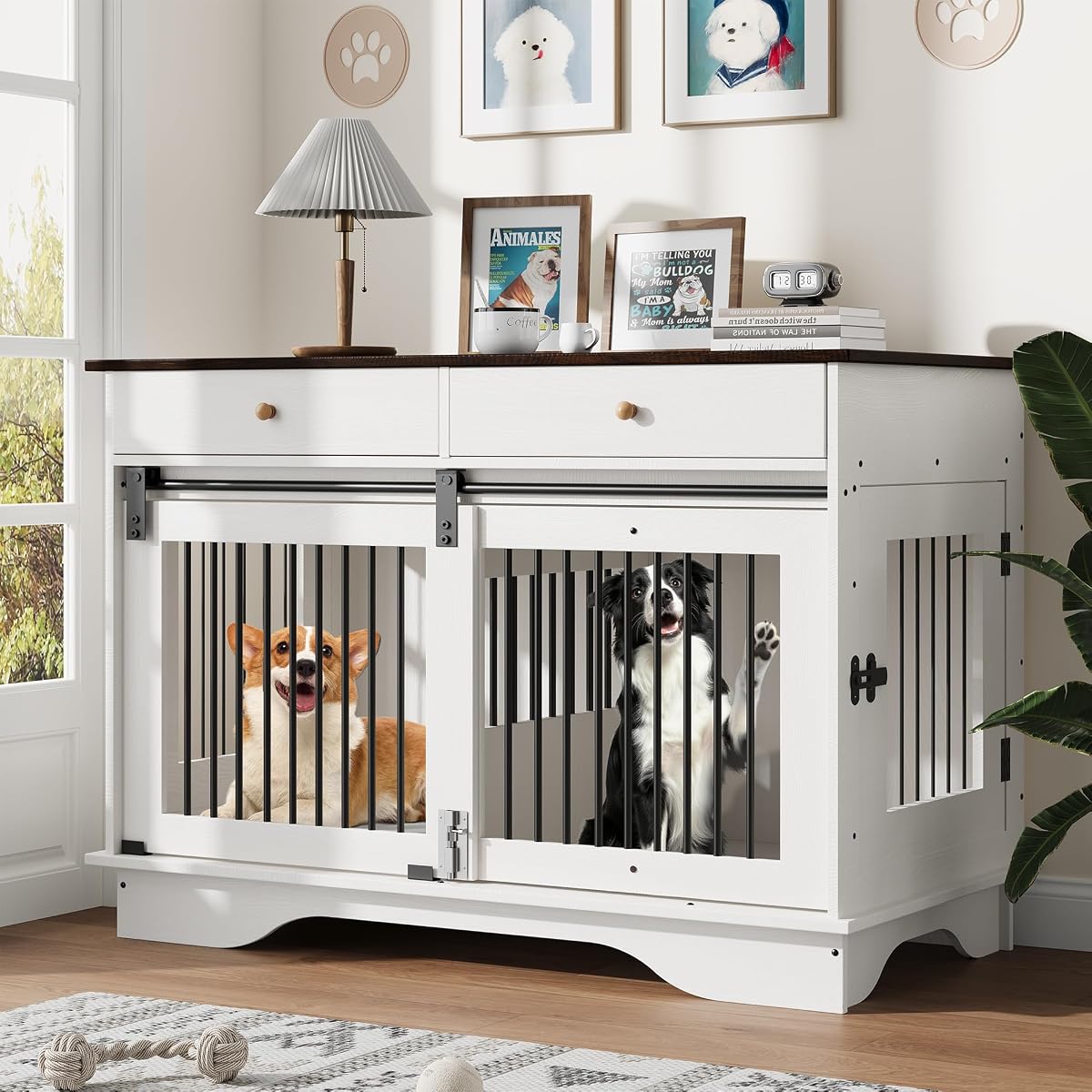 Double Dog Crate Furniture with 2 Drawers, 47" TV Stand Style Dog Kennel