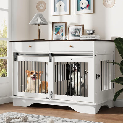 Double Dog Crate Furniture with 2 Drawers, 47" TV Stand Style Dog Kennel
