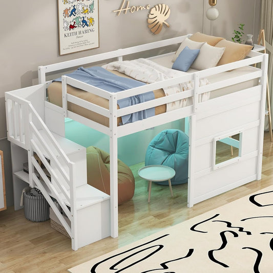 Twin Size Loft Bed with Storage Staircase, Window, LED Light, White