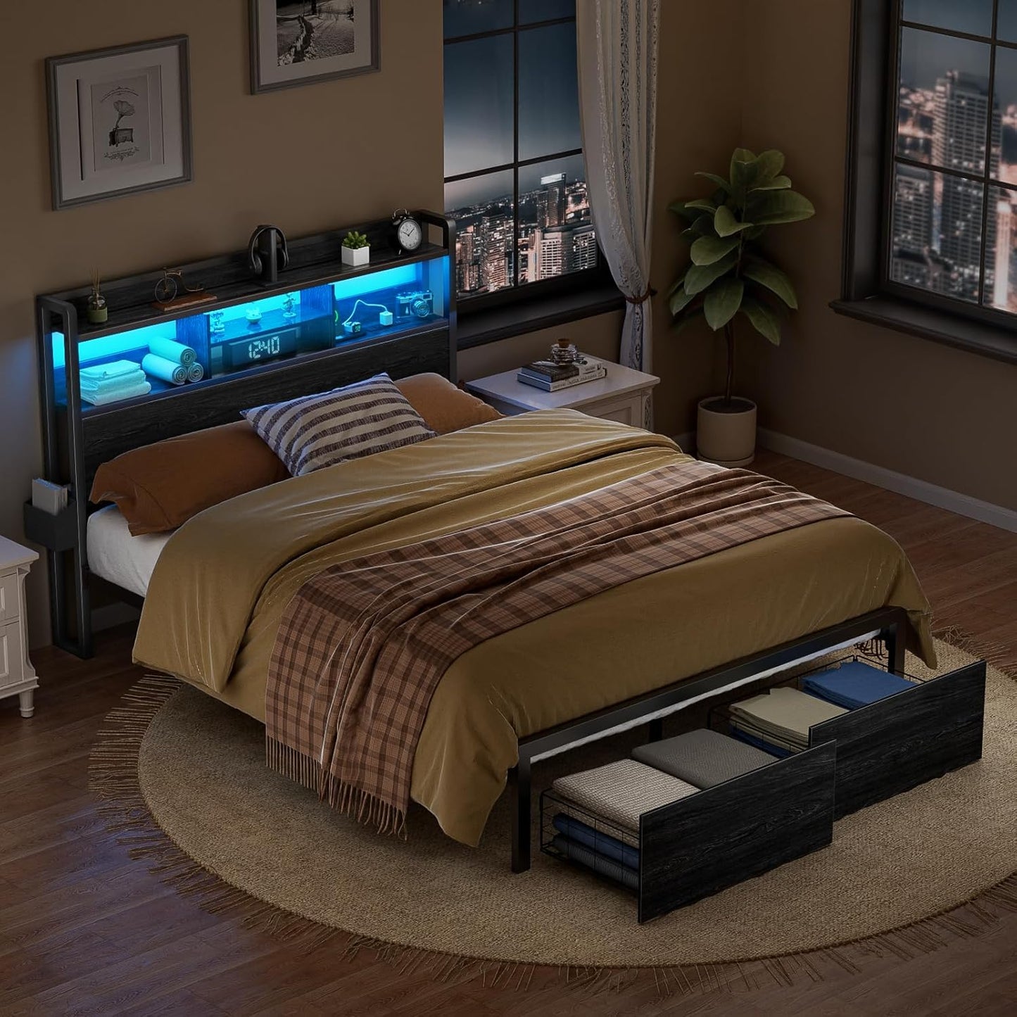 Full Size Bed Frame with Wood Headboard, Metal Platform Bed Frame Full Size with 2 Storage Drawers and Shelf, LED Lights and Charging Station, No Box Spring Needed, Noise Free, Black