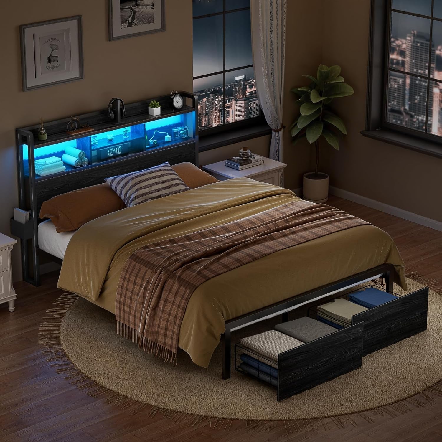 Full Size Bed Frame with Wood Headboard, Metal Platform Bed Frame Full Size with 2 Storage Drawers and Shelf, LED Lights and Charging Station, No Box Spring Needed, Noise Free, Black