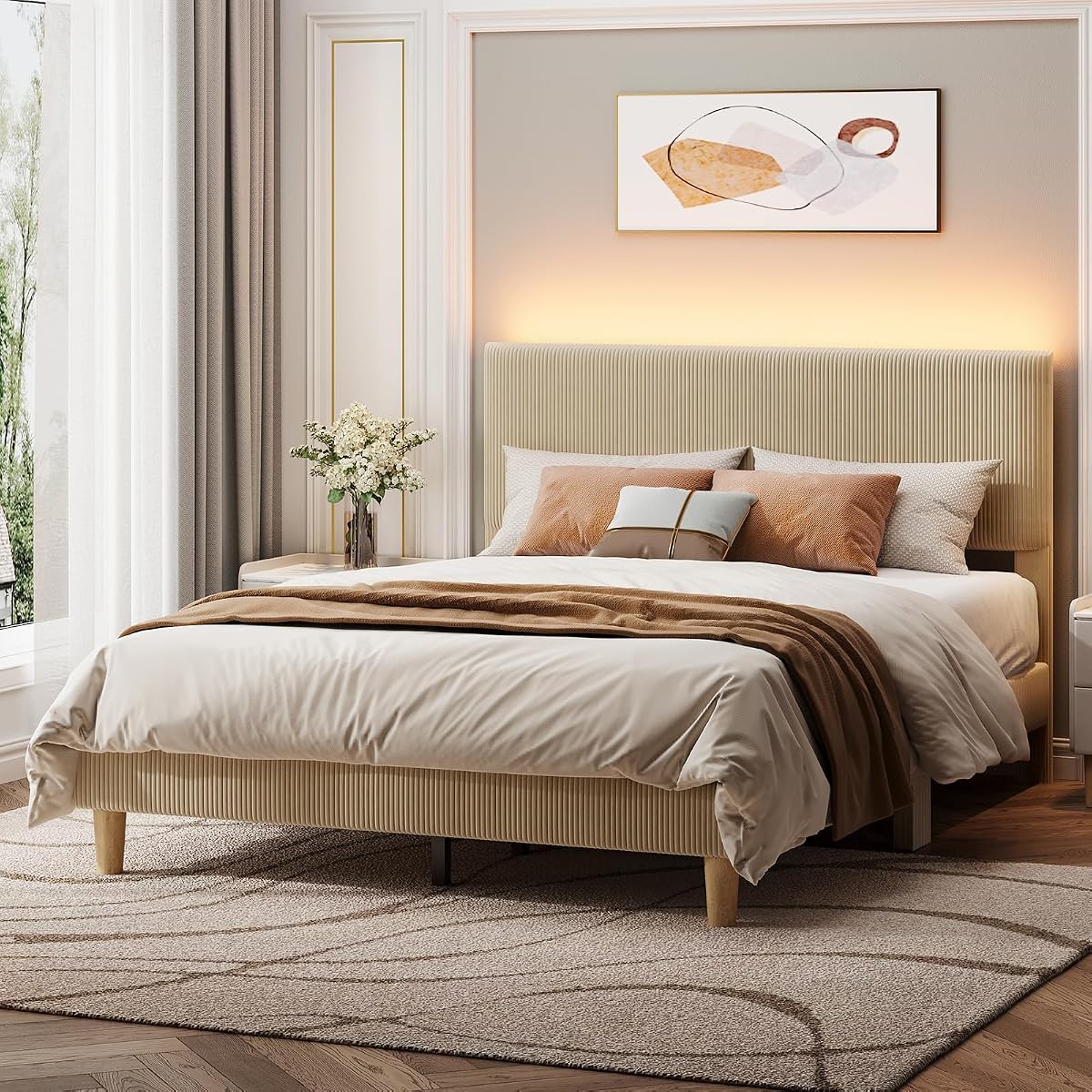 Queen Size Bed Frame with Headboard LED Lighting,Upholstered,Taupe