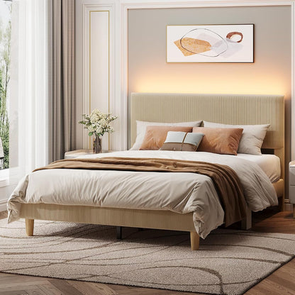 Queen Size Bed Frame with Headboard LED Lighting,Upholstered,Taupe