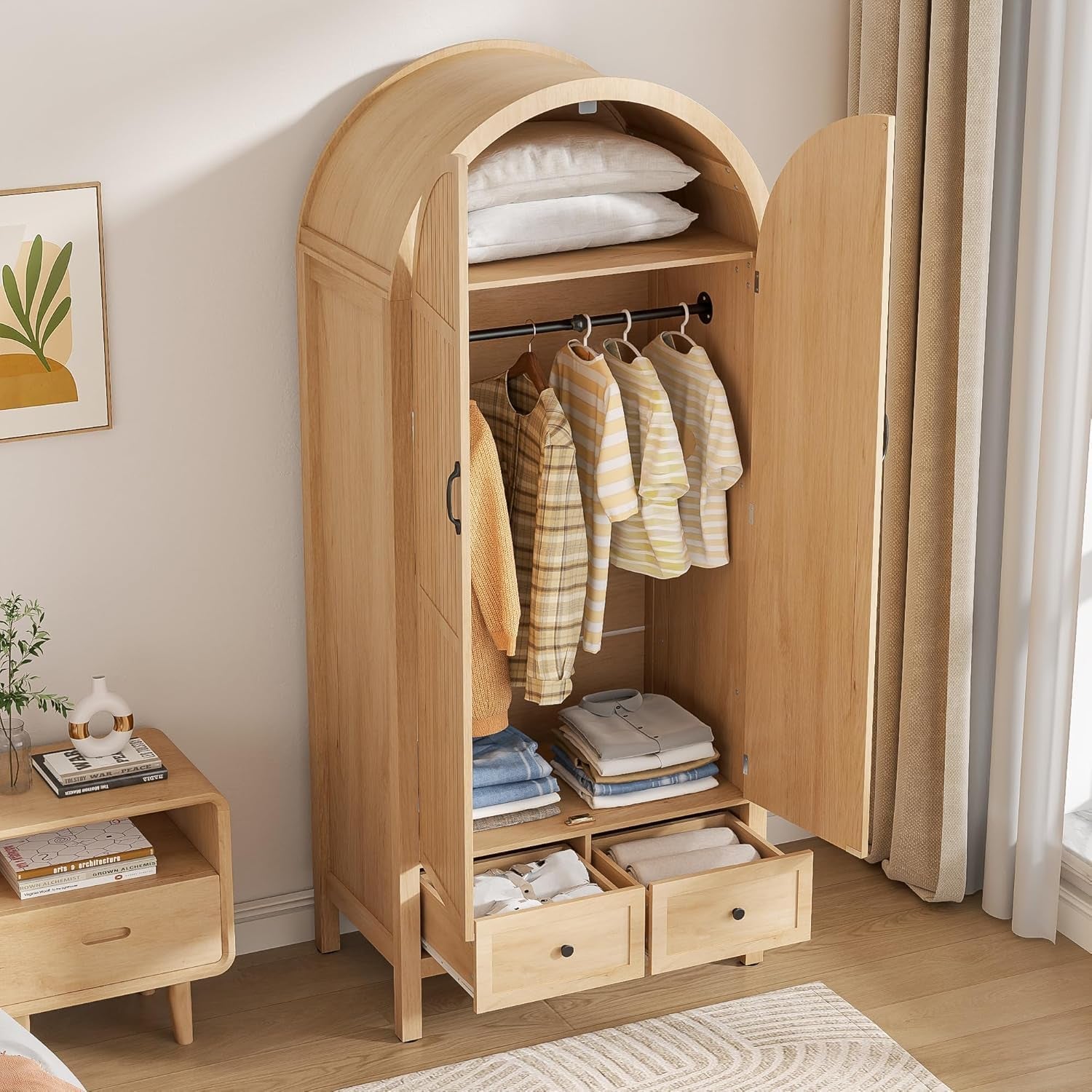 Wardrobe Closet, Armoire Wardrobe Closet with Drawers and 2 Arched Fluted Doors, 70.87‘’ Tall Wooden Bedroom Armoires with Shelves and Hanging Rod (1, Wood Color)