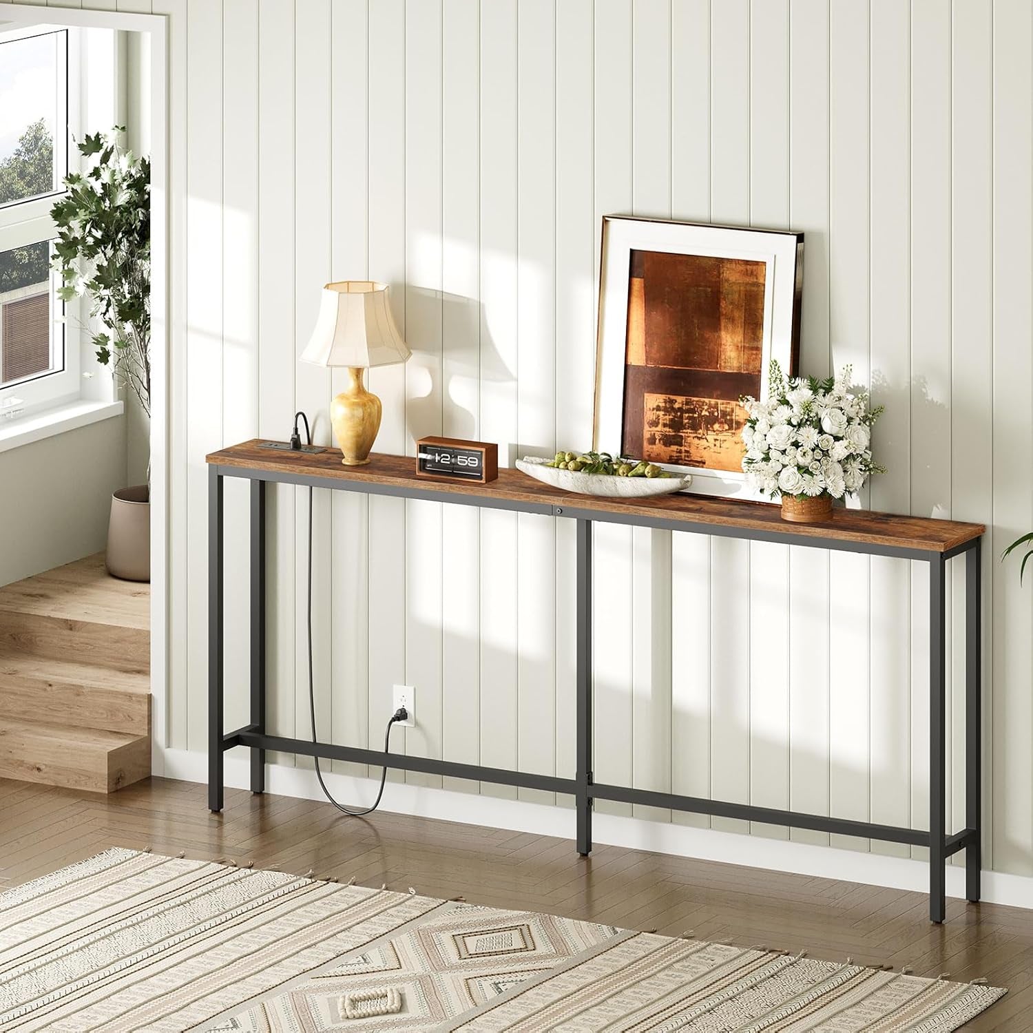 70.9'' Console Table with Power Outlet, Narrow Sofa Table with Charging Station, Skinny behind Couch Table for Entryway, Hallway, Foyer, Living Room, Rustic Brown CTHR18E01Z1