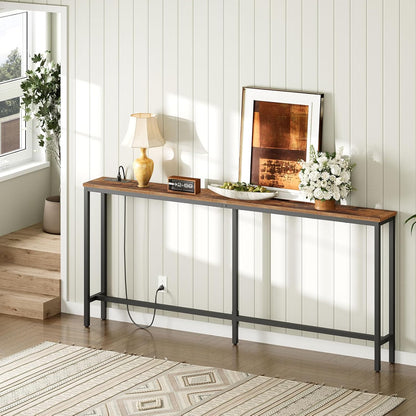 70.9'' Console Table with Power Outlet, Narrow Sofa Table with Charging Station, Skinny behind Couch Table for Entryway, Hallway, Foyer, Living Room, Rustic Brown CTHR18E01Z1