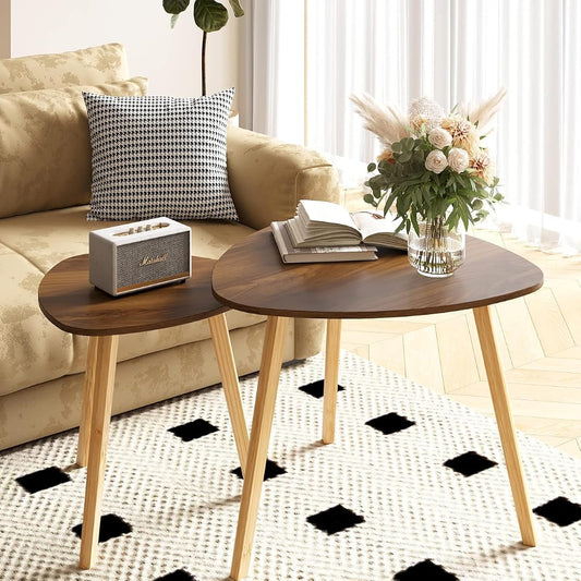 Bamboo Nesting Triangle End Table,Set of 2 Side Table Modern Minimalist Coffee Table for Living Room (Walunt)
